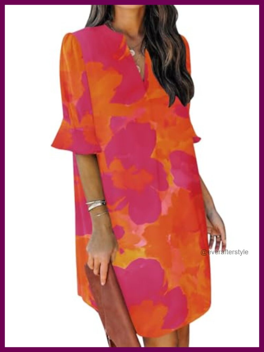 Women's V-Neck Ruffle Sleeve Shift Dress Casual Summer Midi